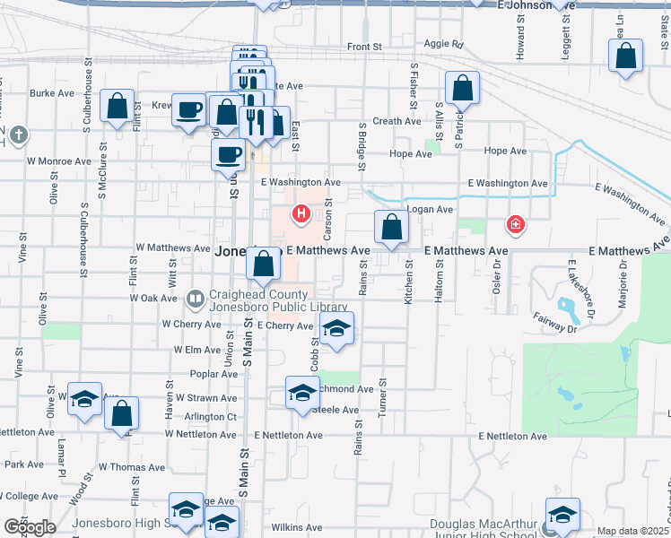 map of restaurants, bars, coffee shops, grocery stores, and more near 813 Citizen Street in Jonesboro