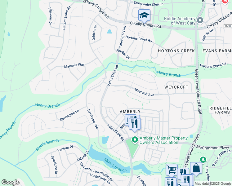 map of restaurants, bars, coffee shops, grocery stores, and more near 1032 Canyon Shadows Court in Cary