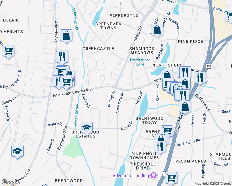 map of restaurants, bars, coffee shops, grocery stores, and more near 3812 Huntleigh Drive in Raleigh
