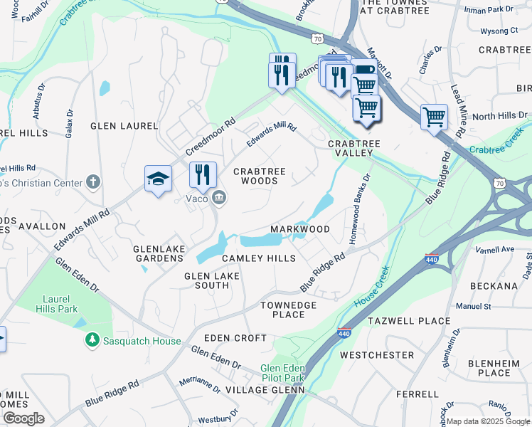 map of restaurants, bars, coffee shops, grocery stores, and more near 4016 Arckelton Drive in Raleigh
