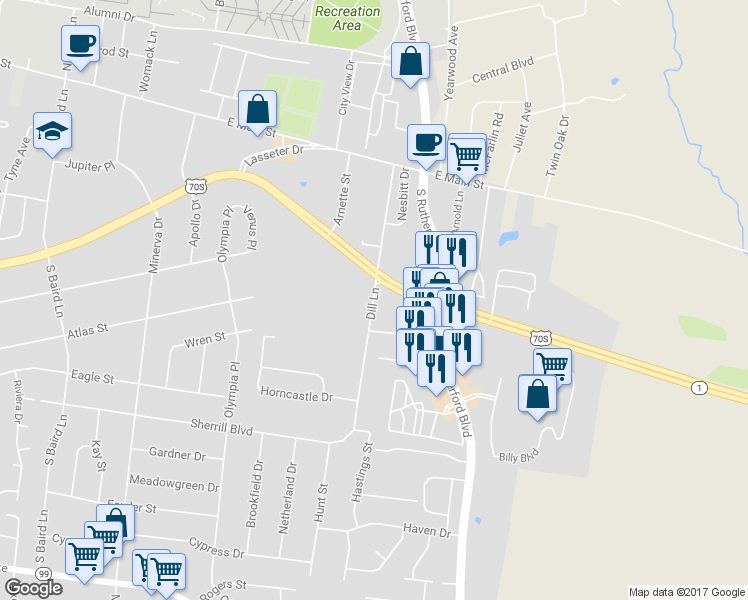 map of restaurants, bars, coffee shops, grocery stores, and more near 425 Dill Lane in Murfreesboro