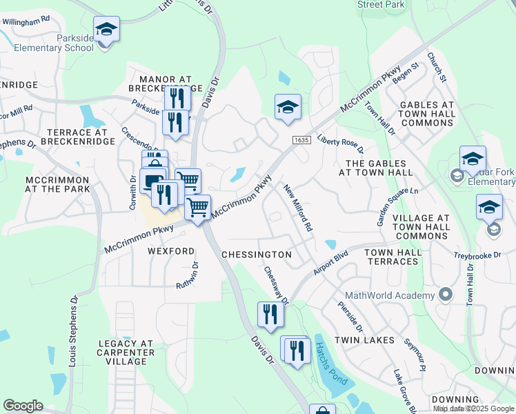 map of restaurants, bars, coffee shops, grocery stores, and more near 144 Point Comfort Lane in Cary