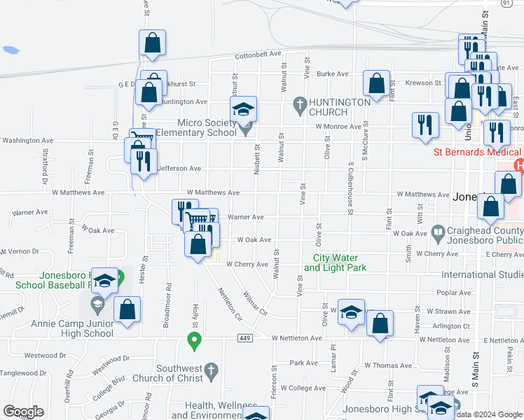 map of restaurants, bars, coffee shops, grocery stores, and more near 1018 Warner Avenue in Jonesboro