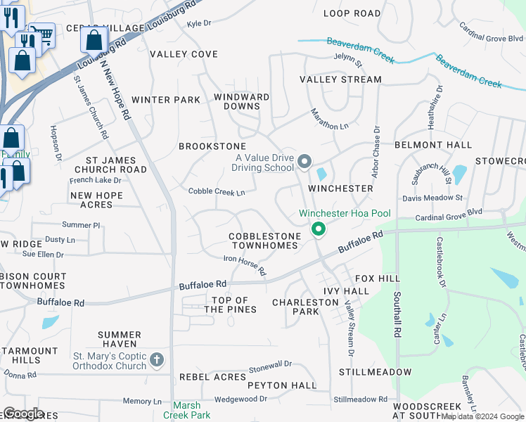 map of restaurants, bars, coffee shops, grocery stores, and more near 4425 Antique Lane in Raleigh