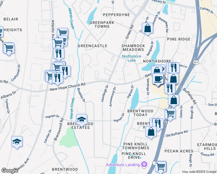 map of restaurants, bars, coffee shops, grocery stores, and more near 3812 Huntleigh Drive in Raleigh