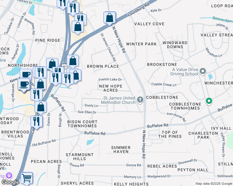 map of restaurants, bars, coffee shops, grocery stores, and more near 3814 Lee Road in Raleigh