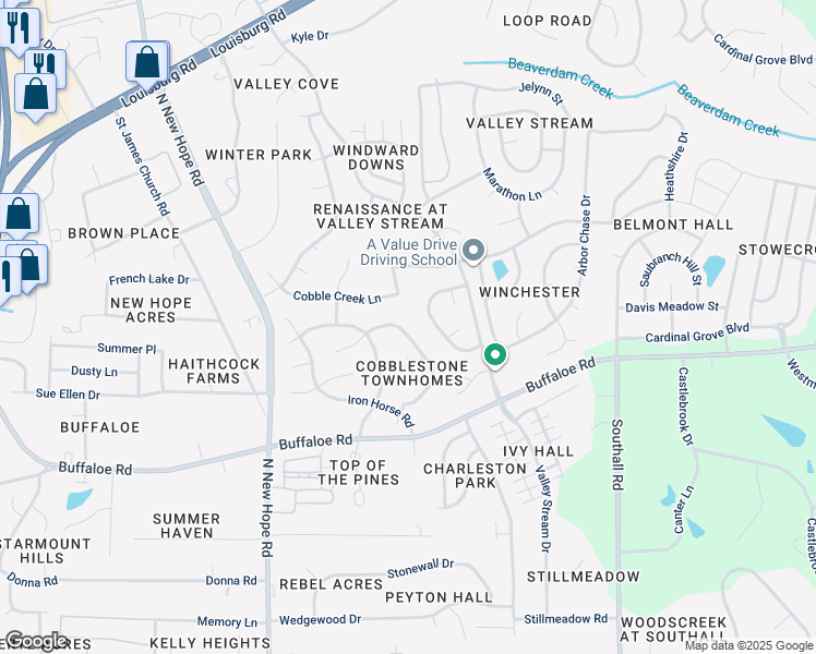 map of restaurants, bars, coffee shops, grocery stores, and more near 4425 Antique Lane in Raleigh