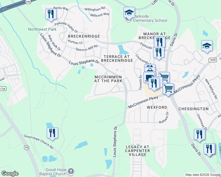 map of restaurants, bars, coffee shops, grocery stores, and more near 2014 Addenbrock Drive in Morrisville