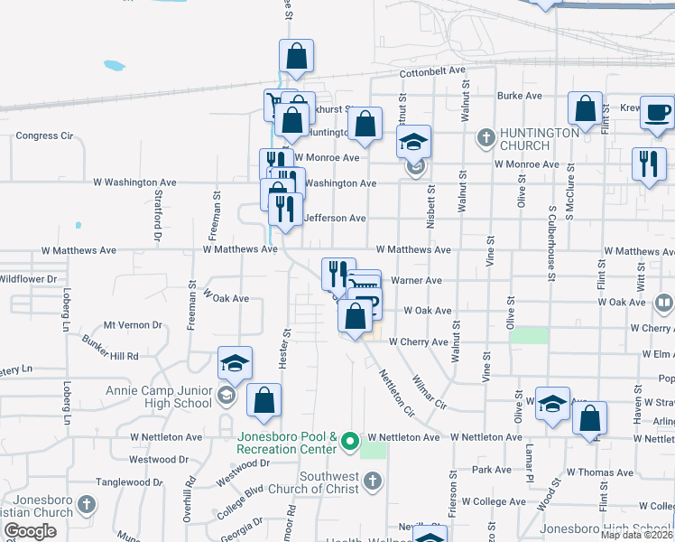 map of restaurants, bars, coffee shops, grocery stores, and more near 1310 Warner Avenue in Jonesboro