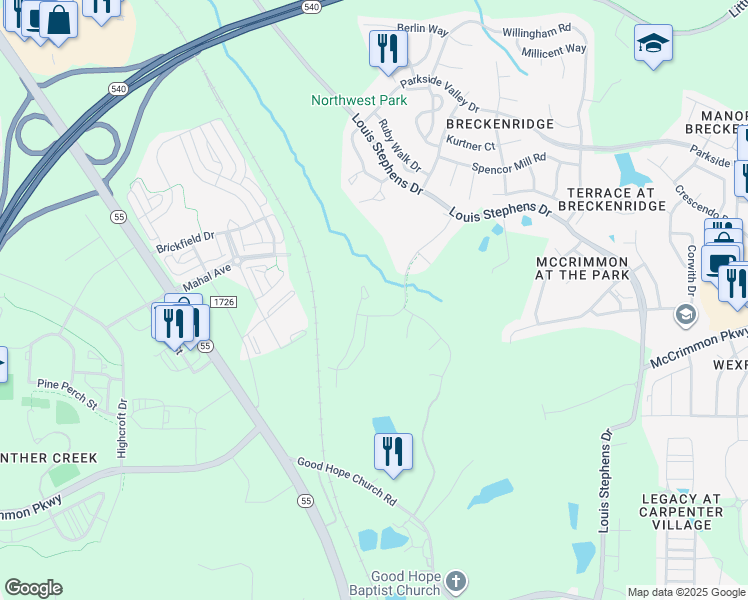 map of restaurants, bars, coffee shops, grocery stores, and more near 4257 Lofty Ridge Place in Morrisville