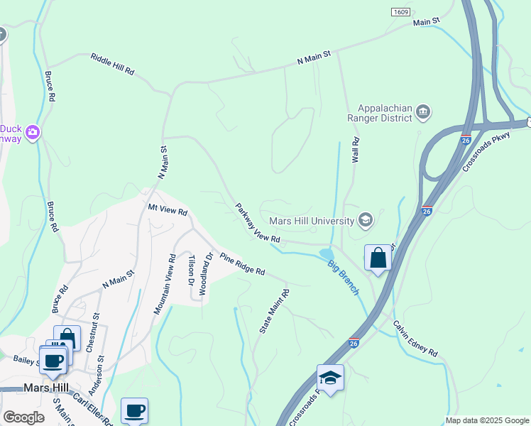 map of restaurants, bars, coffee shops, grocery stores, and more near 491 Parkway View Road in Mars Hill