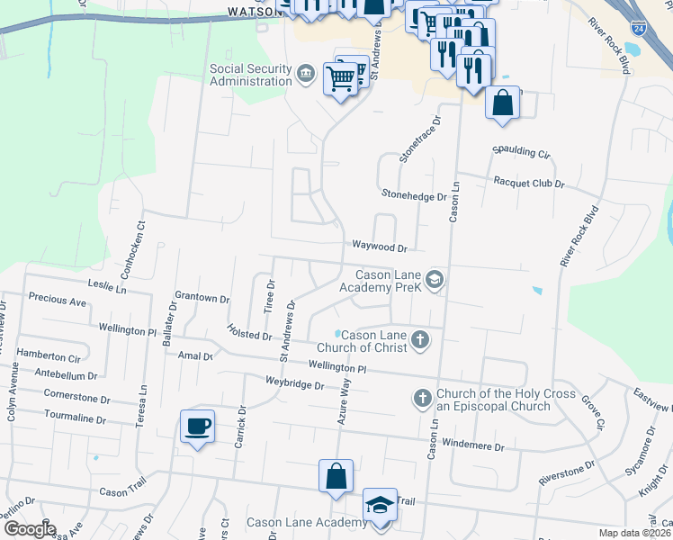 map of restaurants, bars, coffee shops, grocery stores, and more near 3003 Roscommon Drive in Murfreesboro