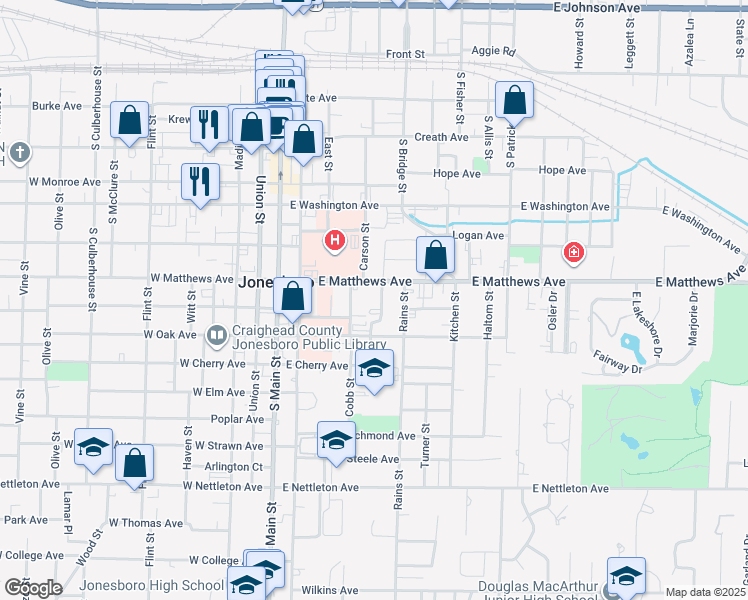 map of restaurants, bars, coffee shops, grocery stores, and more near 813 Citizen Street in Jonesboro
