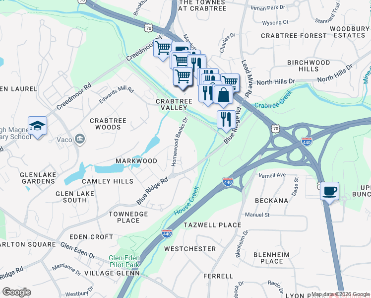 map of restaurants, bars, coffee shops, grocery stores, and more near 5401 Homewood Banks Drive in Raleigh