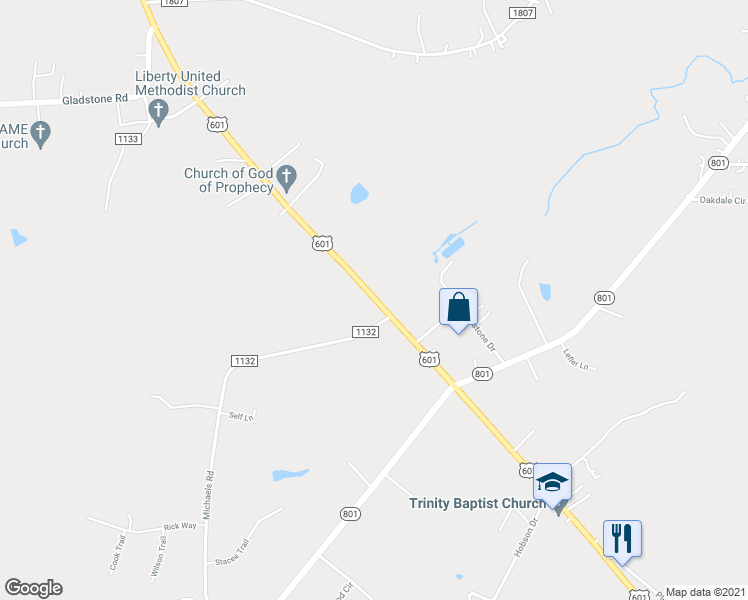 map of restaurants, bars, coffee shops, grocery stores, and more near 2452 U.S. 601 in Mocksville