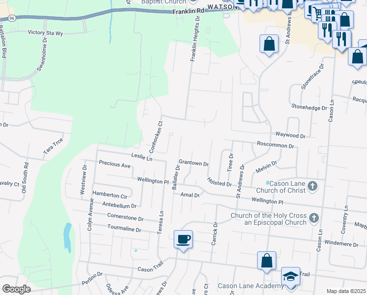 map of restaurants, bars, coffee shops, grocery stores, and more near 1239 Ballater Drive in Murfreesboro
