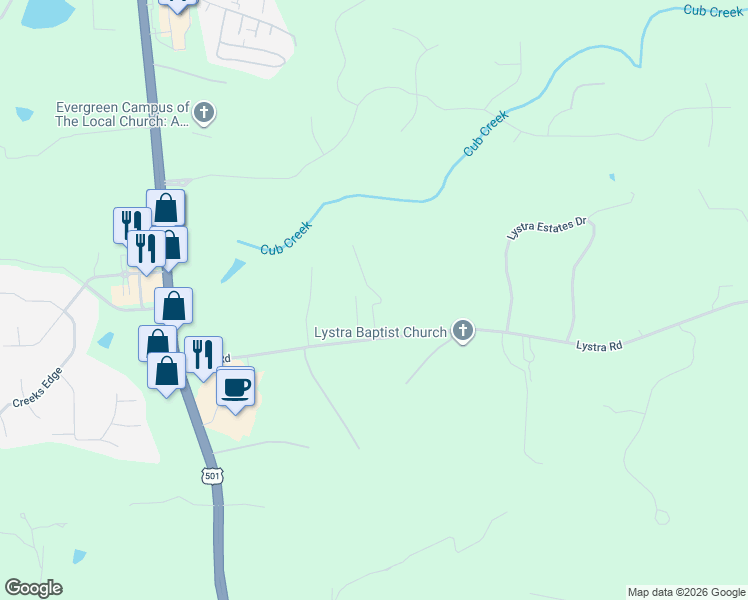 map of restaurants, bars, coffee shops, grocery stores, and more near 85 Lystra Hills Lane in Chapel Hill