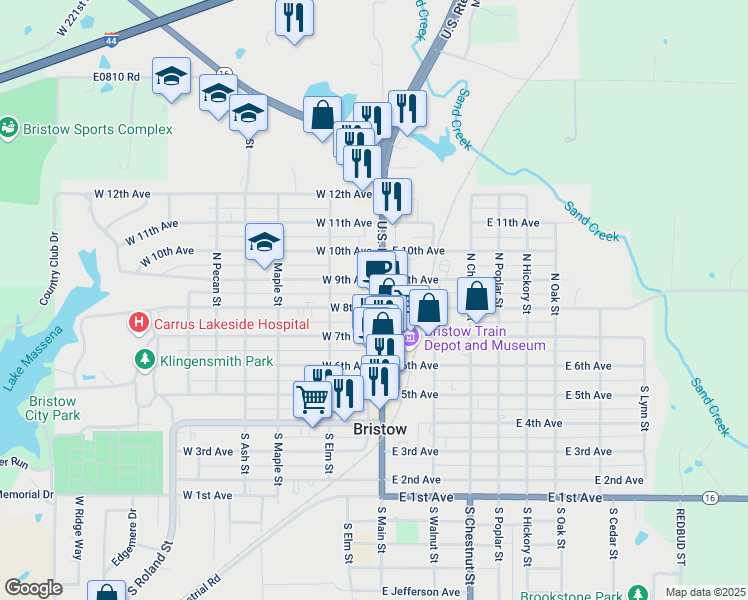 map of restaurants, bars, coffee shops, grocery stores, and more near 306 North Main Street in Bristow
