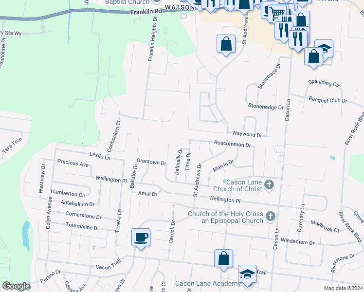 map of restaurants, bars, coffee shops, grocery stores, and more near 1238 Dalmally Drive in Murfreesboro