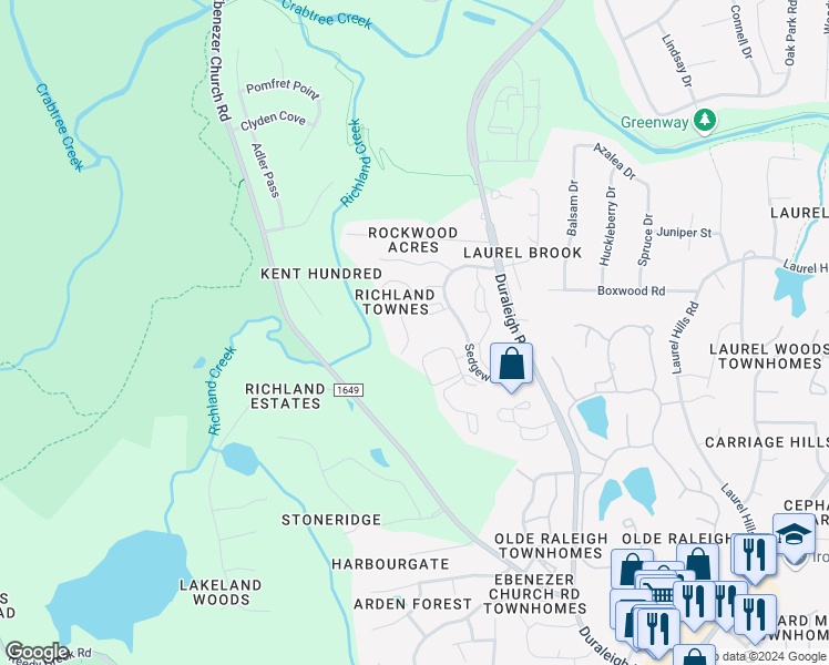 map of restaurants, bars, coffee shops, grocery stores, and more near 4633 Townesbury Lane in Raleigh