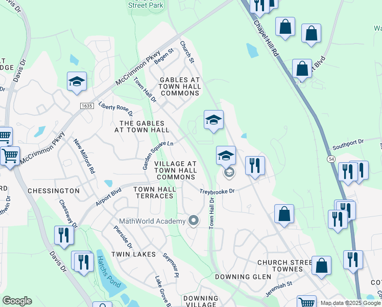 map of restaurants, bars, coffee shops, grocery stores, and more near 111 Governors House Drive in Morrisville