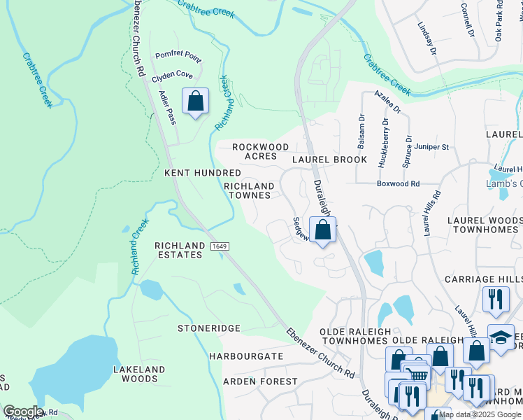map of restaurants, bars, coffee shops, grocery stores, and more near 4633 Townesbury Lane in Raleigh