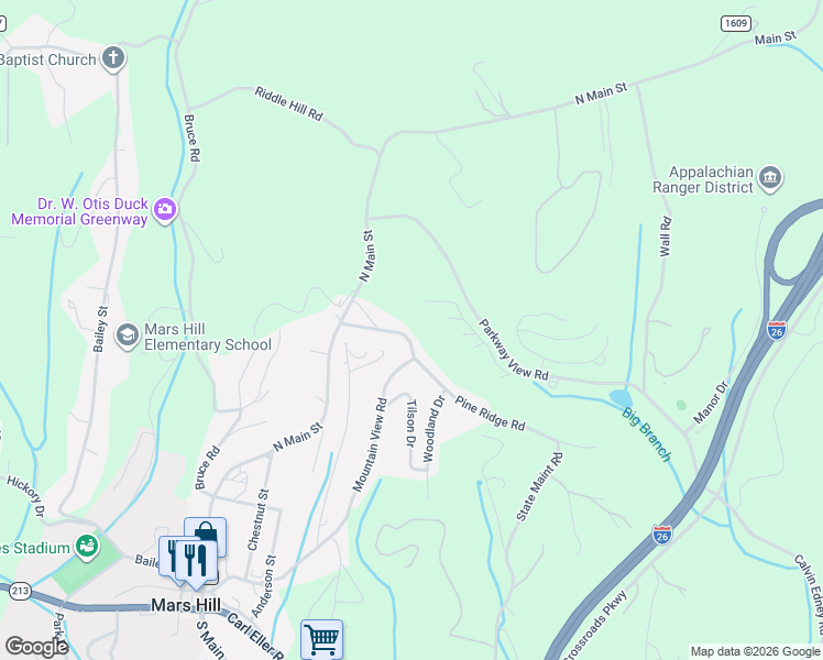 map of restaurants, bars, coffee shops, grocery stores, and more near 836 Mountain View Road in Mars Hill