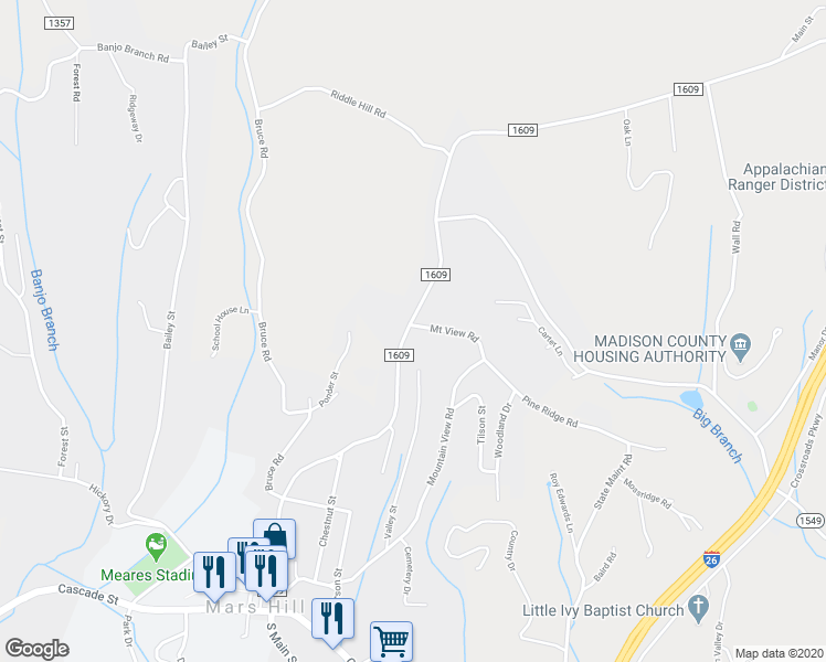 map of restaurants, bars, coffee shops, grocery stores, and more near 728 North Main Street in Mars Hill