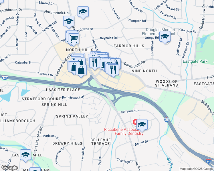 map of restaurants, bars, coffee shops, grocery stores, and more near 4006 Market at North Hills Street in Raleigh