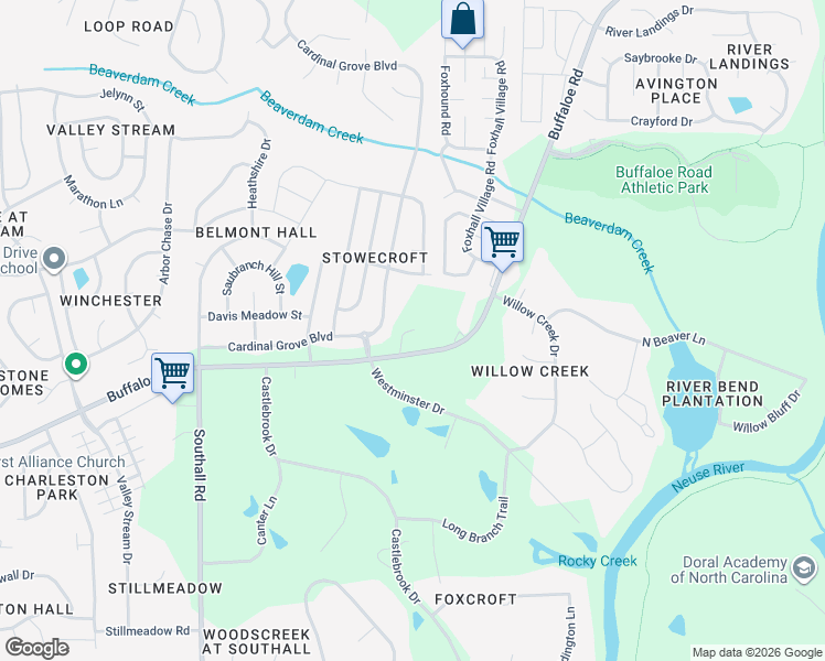 map of restaurants, bars, coffee shops, grocery stores, and more near 5401 Buffaloe Road in Raleigh