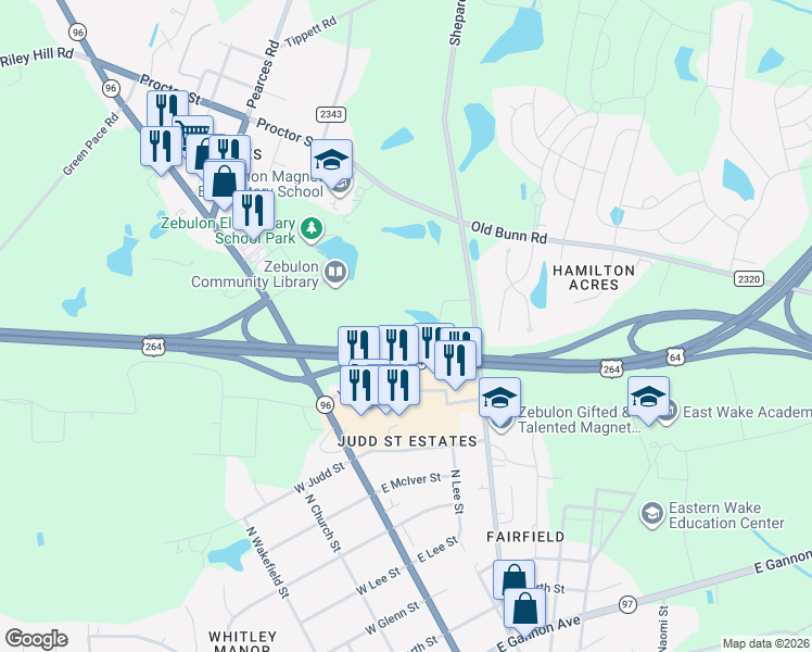 map of restaurants, bars, coffee shops, grocery stores, and more near 1213 Shepard School Road in Zebulon