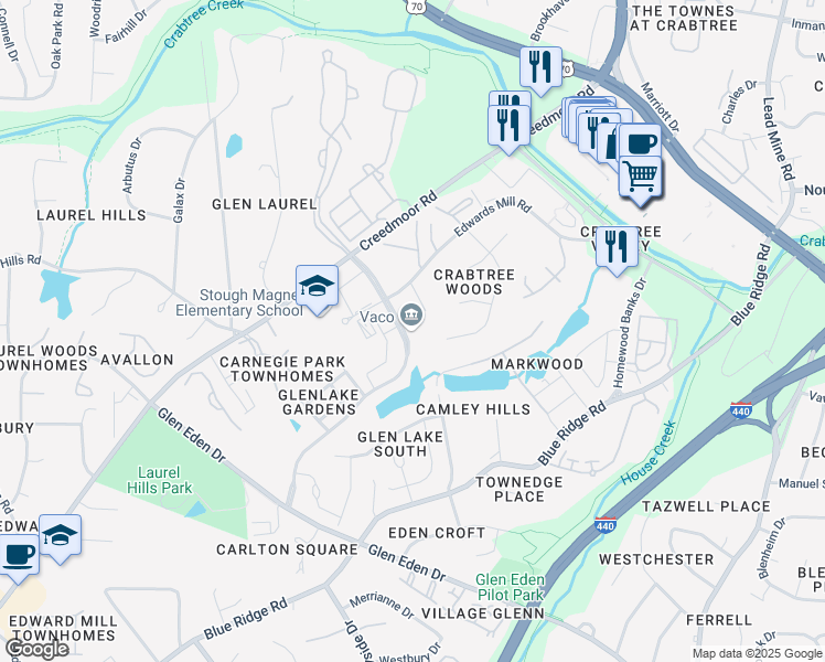 map of restaurants, bars, coffee shops, grocery stores, and more near 4130 Parklake Avenue in Raleigh