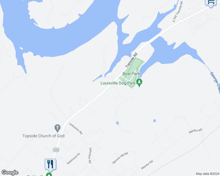 map of restaurants, bars, coffee shops, grocery stores, and more near 2407 Topside Road in Louisville