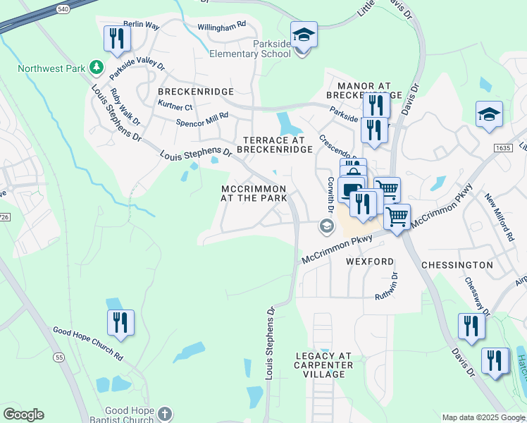 map of restaurants, bars, coffee shops, grocery stores, and more near 2010 Addenbrock Drive in Morrisville