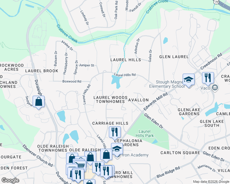 map of restaurants, bars, coffee shops, grocery stores, and more near 3922 Sunset Maple Court in Raleigh
