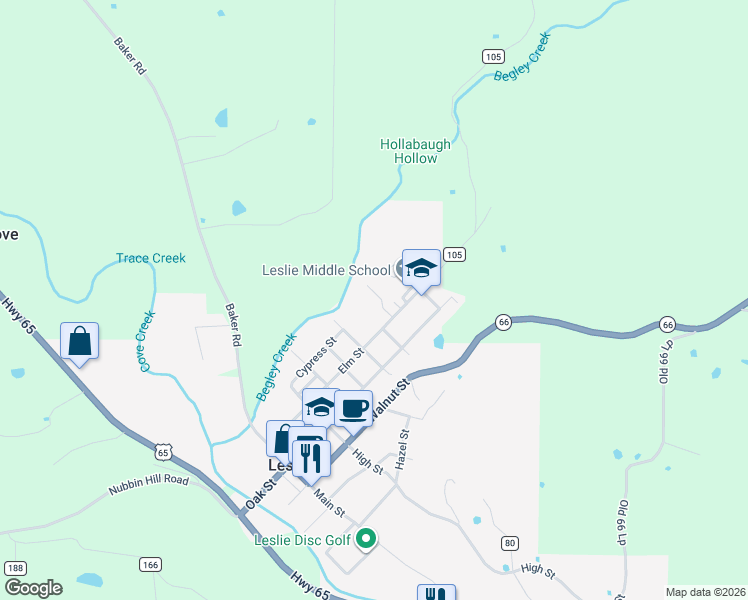 map of restaurants, bars, coffee shops, grocery stores, and more near 807 Elm Street in Leslie