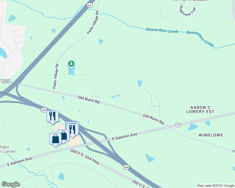 map of restaurants, bars, coffee shops, grocery stores, and more near 727 Putney Hill Road in Zebulon