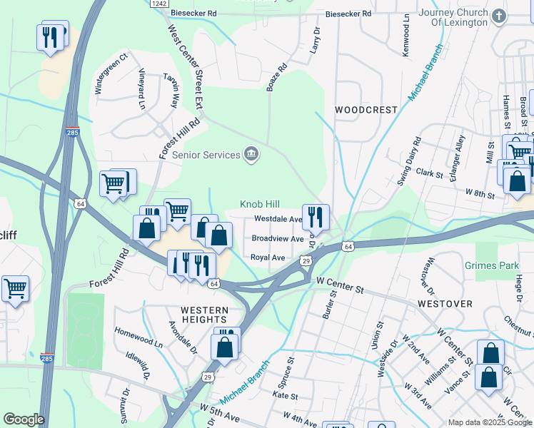 map of restaurants, bars, coffee shops, grocery stores, and more near 200 Westdale Avenue in Lexington