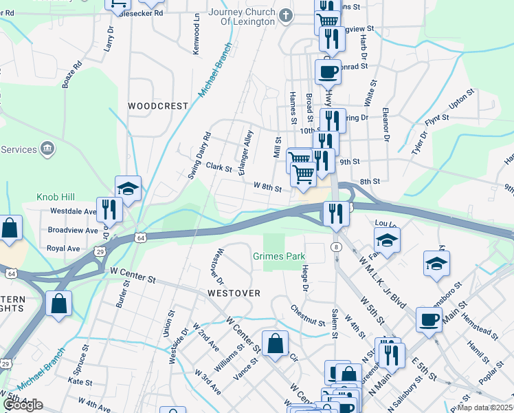 map of restaurants, bars, coffee shops, grocery stores, and more near 101 7th Street in Lexington