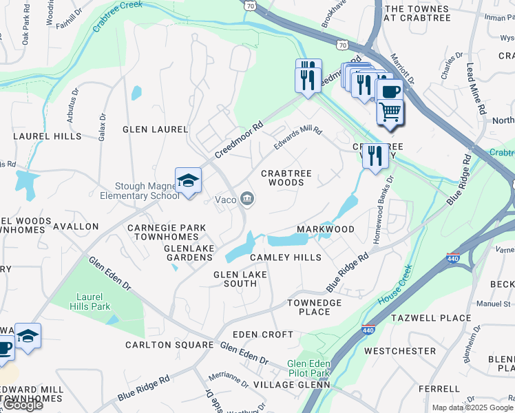 map of restaurants, bars, coffee shops, grocery stores, and more near 4130 Parklake Avenue in Raleigh
