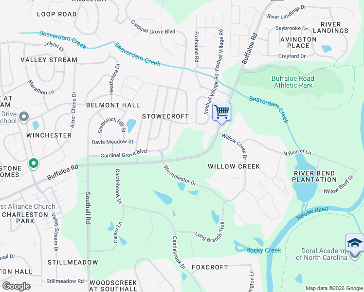 map of restaurants, bars, coffee shops, grocery stores, and more near 5401 Buffaloe Road in Raleigh