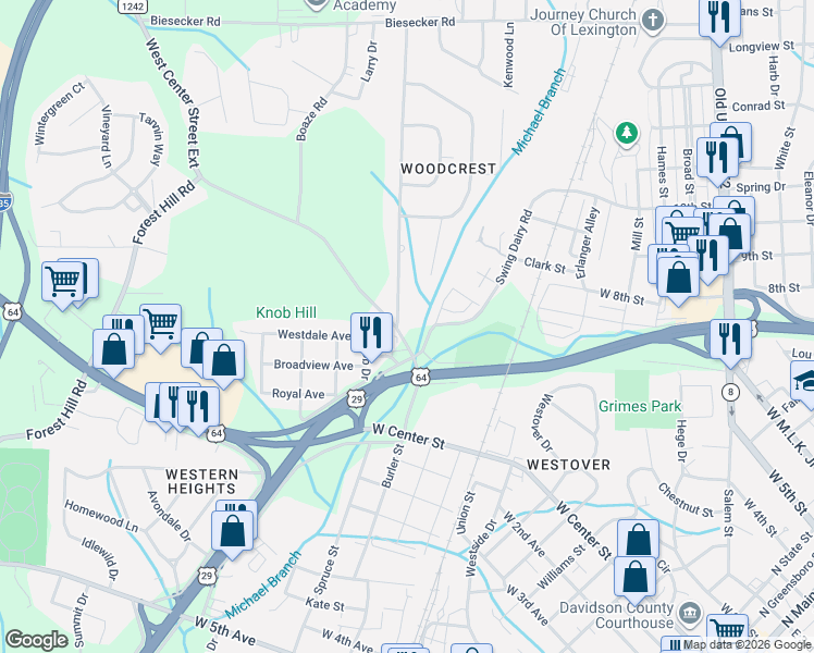 map of restaurants, bars, coffee shops, grocery stores, and more near 103 West Center Street Extension in Lexington