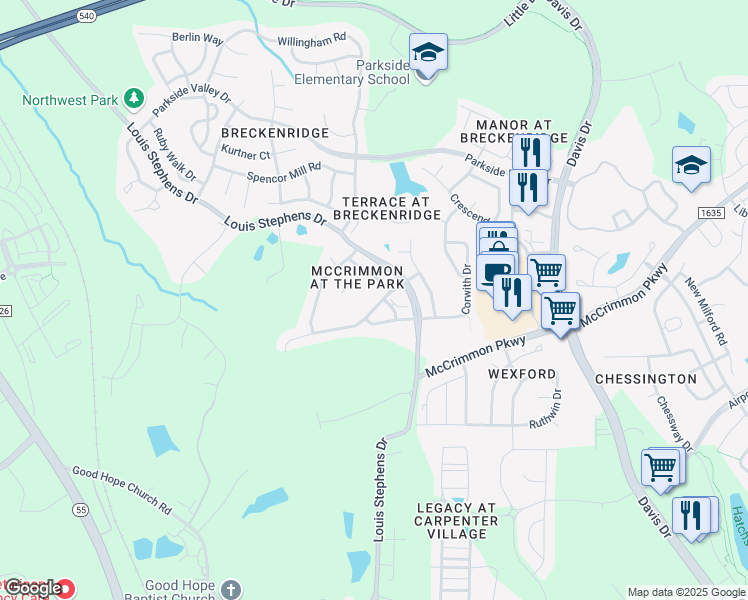 map of restaurants, bars, coffee shops, grocery stores, and more near 2008 Addenbrock Drive in Morrisville