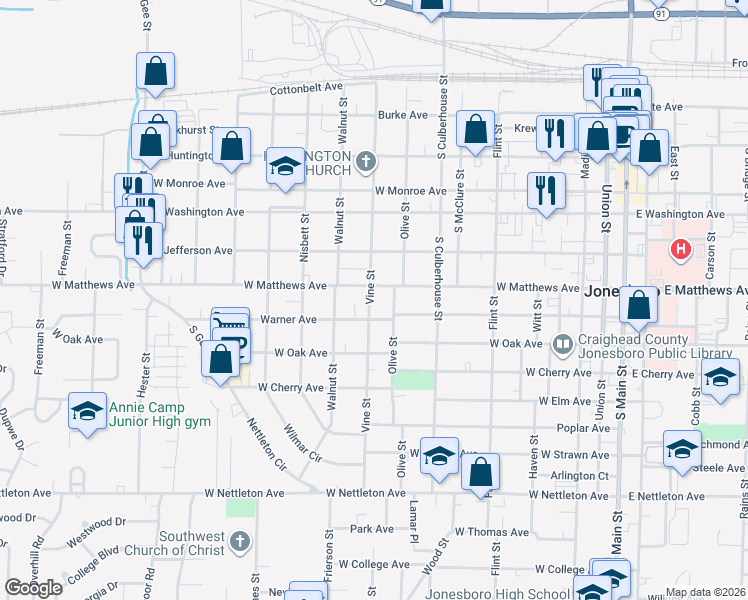map of restaurants, bars, coffee shops, grocery stores, and more near 814 Vine Street in Jonesboro