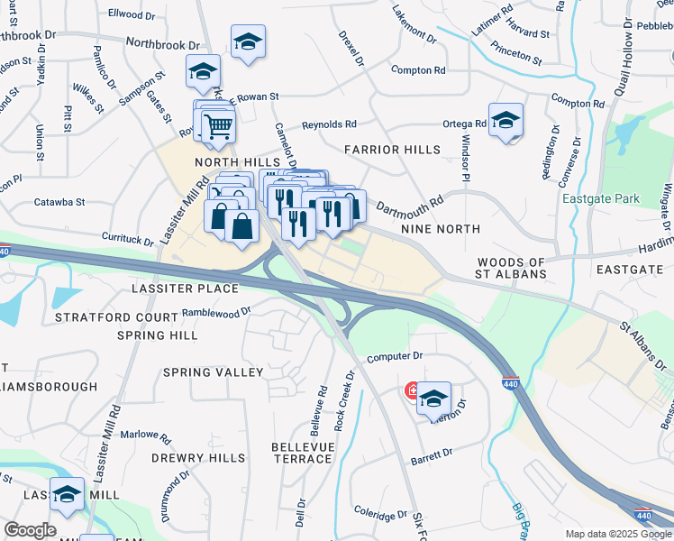 map of restaurants, bars, coffee shops, grocery stores, and more near 4006 Market at North Hills Street in Raleigh