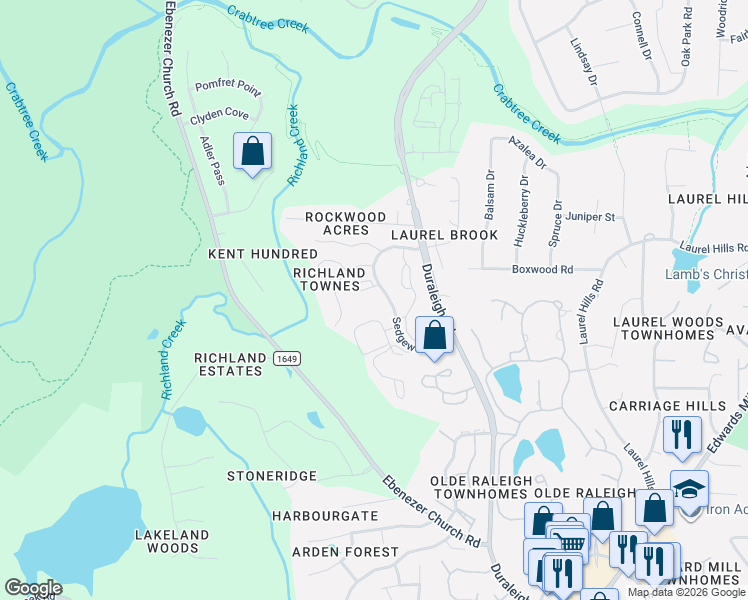 map of restaurants, bars, coffee shops, grocery stores, and more near 3917 Knickerbocker Parkway in Raleigh