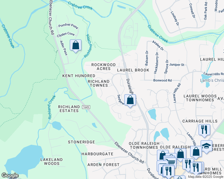 map of restaurants, bars, coffee shops, grocery stores, and more near 4120 Sedgewood Drive in Raleigh