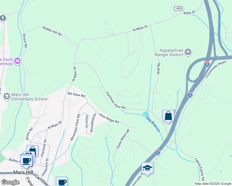 map of restaurants, bars, coffee shops, grocery stores, and more near 491 Parkway View Road in Mars Hill