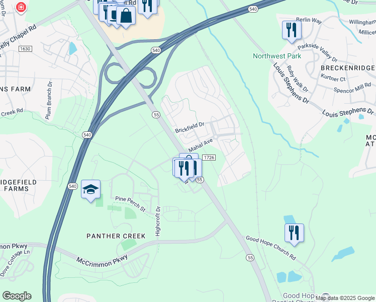 map of restaurants, bars, coffee shops, grocery stores, and more near Mahal Avenue in Cary