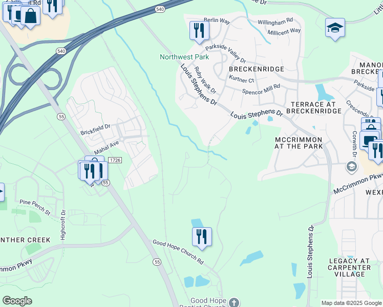 map of restaurants, bars, coffee shops, grocery stores, and more near 4257 Lofty Ridge Place in Morrisville